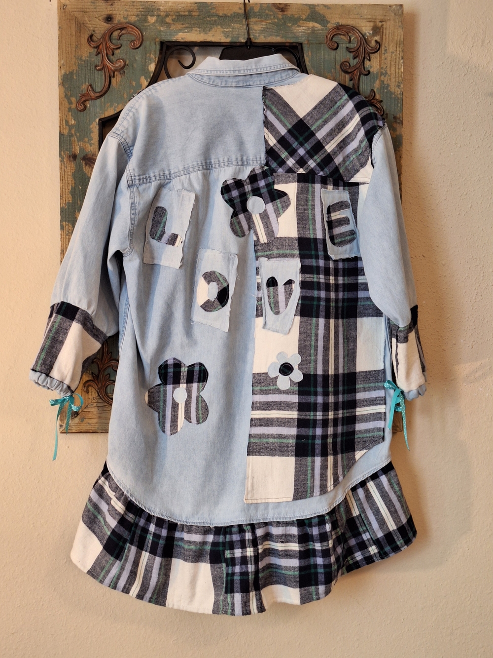 Upcycled Reworked Denim Navy/Plaid Women's "LOVE" Shacket 'Love' Detail. Size XL